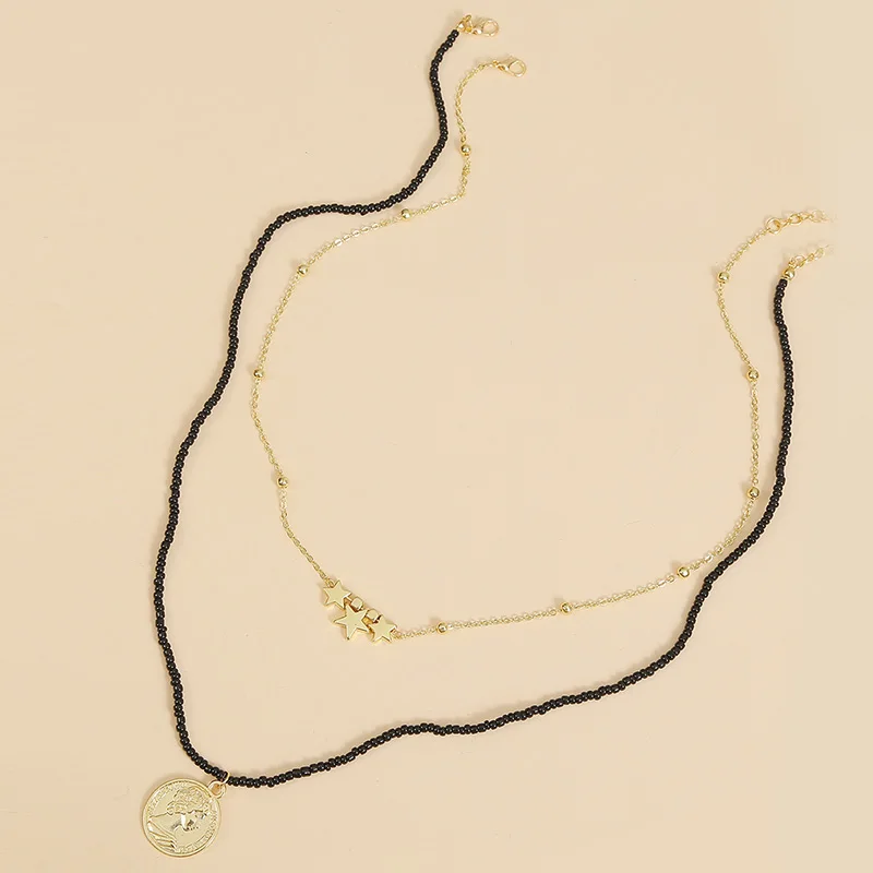 

Ant Angel Bohemian Style Hand-woven Colorful Beaded Necklace Five-pointed Star Woman Head Coin Necklace Pendant 2pcs/set