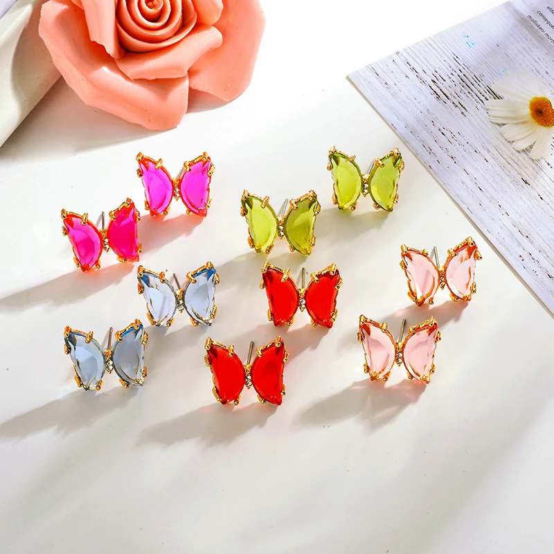 

Peixin sweet simple style candy color insect earrings fashion shiny glass butterfly stud earrings butterfly gift wholesale