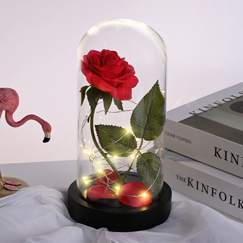 8 inch Rose Light Красота и чудовище, искусственные цветы, вечная Золотая фольга, роза, светодиодный светильник, стеклянный купол, ночник, подарок на день рождения для девочек - Цвет: 8 inch Rose Light