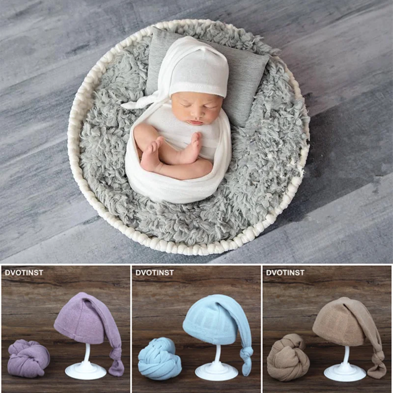 Dvotinst Newborn Baby Photography Props Cute Hat Bonnet Soft Knitted Wrap 2pcs Set Studio Shooting Wraps Fotografia Photo Props