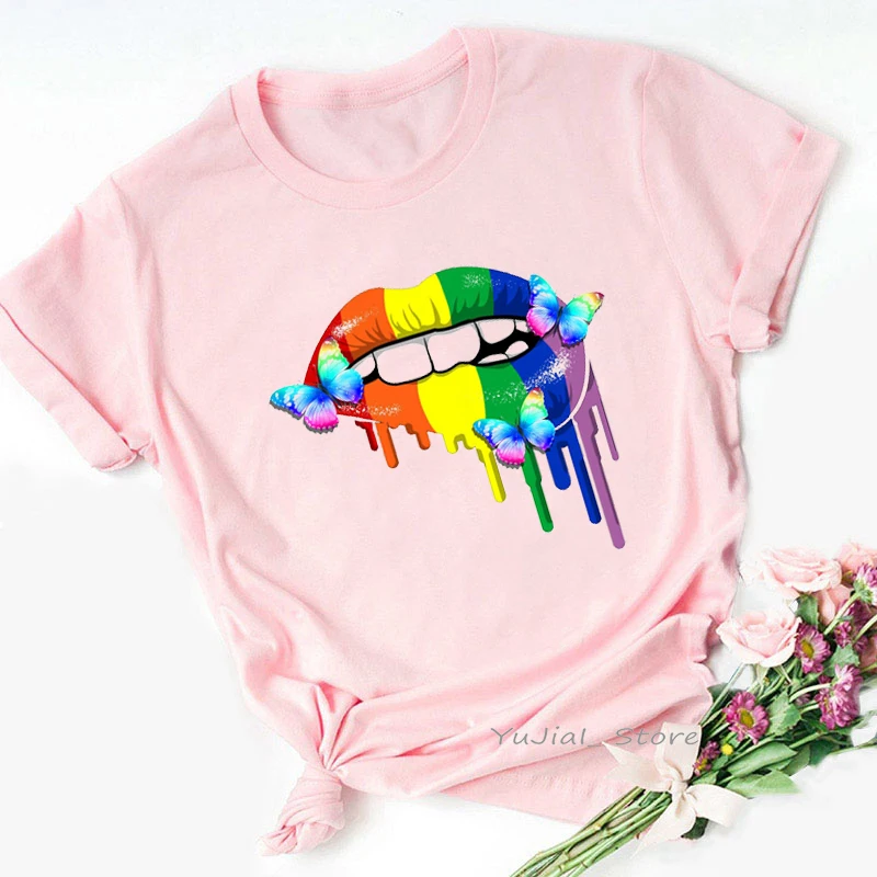 

2021 Hot Sale Rainbow Lips Print T Shirt Women Watercolor Butterfly Sexy Tshirt Femme Harajuku Shirt Kawaii Clothes Summer Tops
