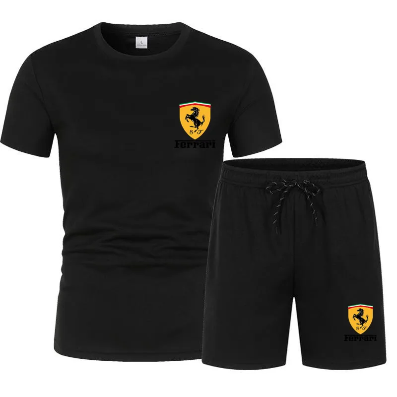 

2021 New Men's Short-sleeved T-shirt Car Logo Ferrari Summer Sports Suit Suit Color Matching Casual Fashion Short-sleeved Suit