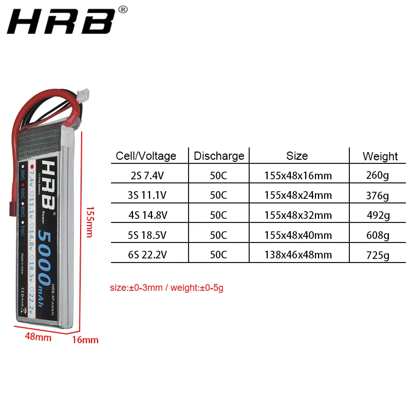 hrb 2s 3s 4s lipo battery 74 v 111 v 5000mah xt60 50c deans ec5 trx t 5s 6s 148 v 185 v 222 v rc parts для осе