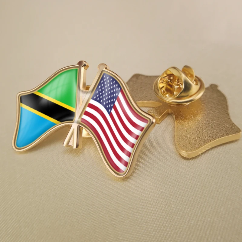 

Tanzania and United States Crossed Double Friendship Flags Lapel Pins Brooch Badges