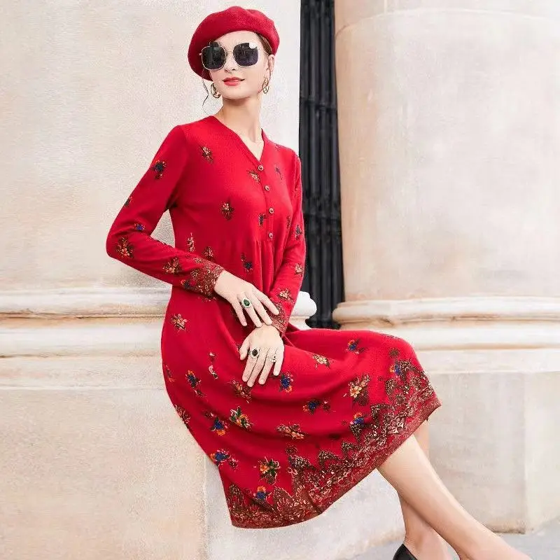 

winter knitting sweater pleate Dress one piece Ladies Long Sleeve v neck warm Party long Maxi Dresses for women clothing