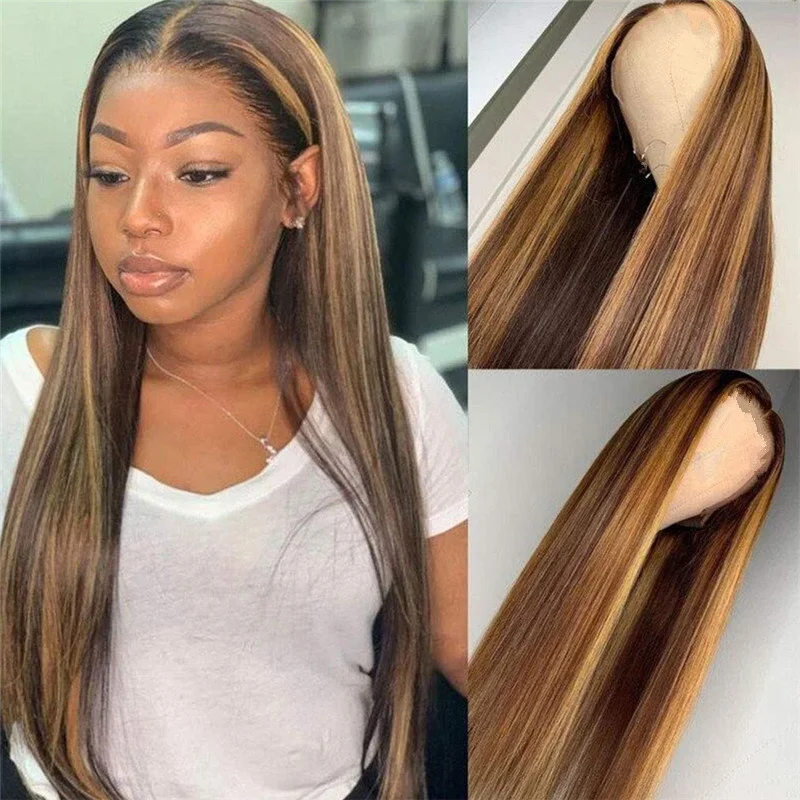 

Wig female pick dyed long straight hair center split bangs Qi waist long hair gradient color chemical fiber headgear