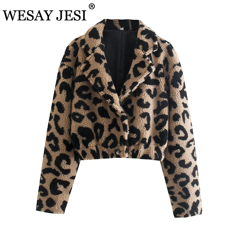 

WESAY JESI ZA Women's Winter Jacket Fashion Vintage Warm Leopard Print Coat Long-sleeved Short Top Office Lady Chic Outerwear