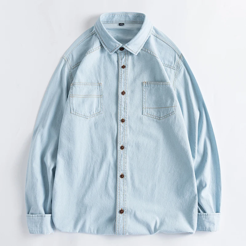 Рубашка мужская джинсовая с карманами модная повседневная спортивная