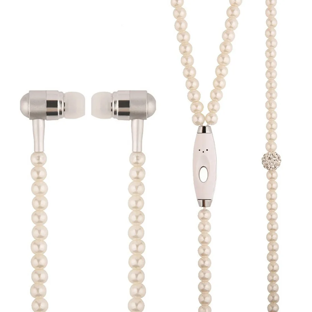 

Girl wired headset Rhinestone Jewelry Pearl Necklace Earphones With Mic 3.5mm Earbuds For Xiaomi mi6