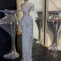 silver sparkly sexy evening dress beaded crystals prom dress sheath sequined one shoulder robe de soiree party wear