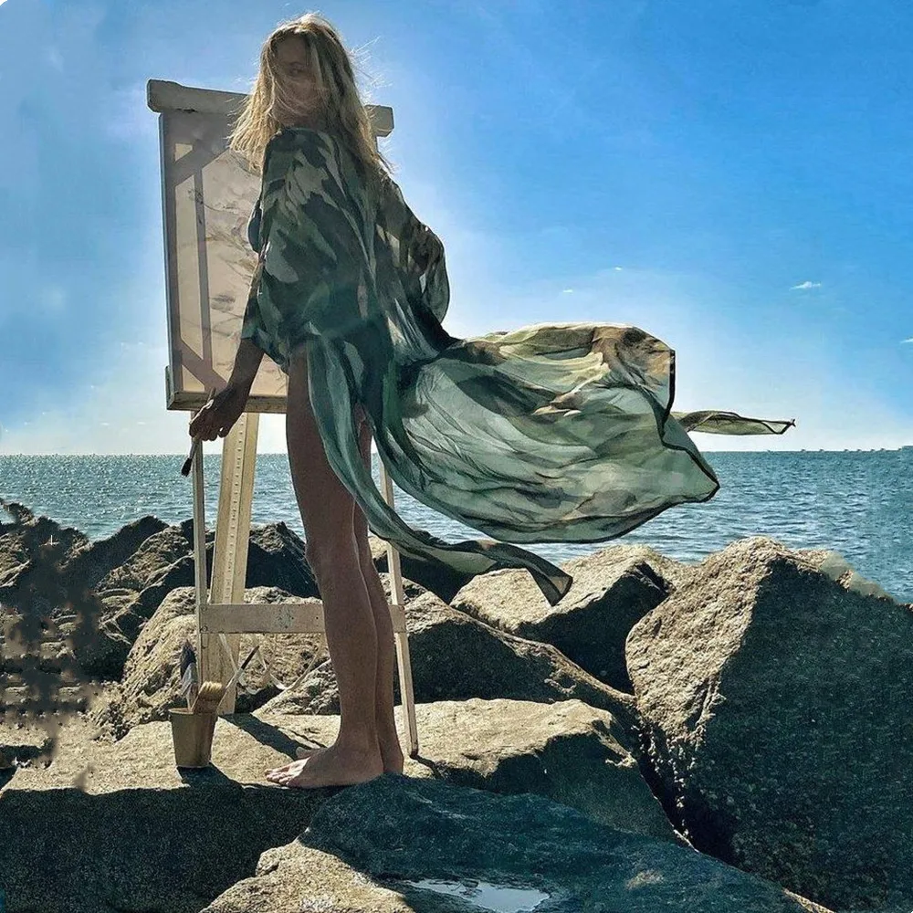 

Summer Swimsuit Cover Up 2021 Boho Sexy Women Chiffon Striped Bathing Suit Plus Size Beach Wear See-through Bikini Long Robe