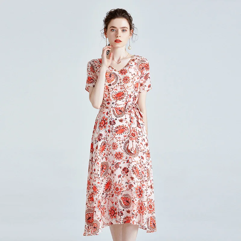 

New European and American Fashion V-neck Nail Bead Waist Tie Medium Length Mulberry Silk Dress