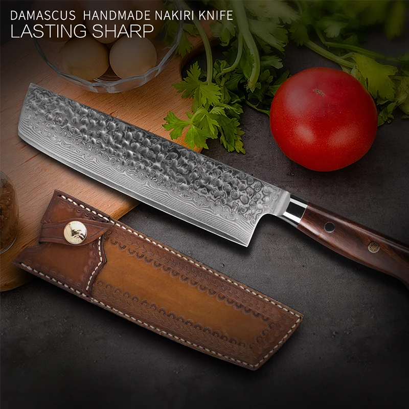 FZIZUO 6.9&quotFull Tang VG10 Damascus Steel Nakiri Knife Professional Kitchen Knives Cooking Desert Ironwood Wooden Handle | Дом и сад