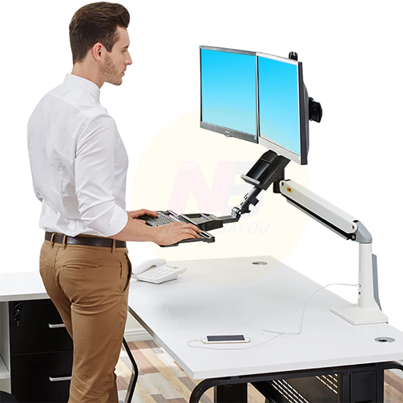 

NB FC24-2A Gas Strut 19-24 inch Dual Screen Monitor Mount Bracket Desktop Sit Stand Workstation with Keyboard Tray USB3.0