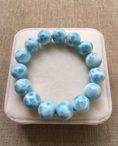 Natural Blue Larimar Gemstone Big Round Beads Bracelet 13.6mm Water Pattern Larimar Women Men Genuine AAAAAA