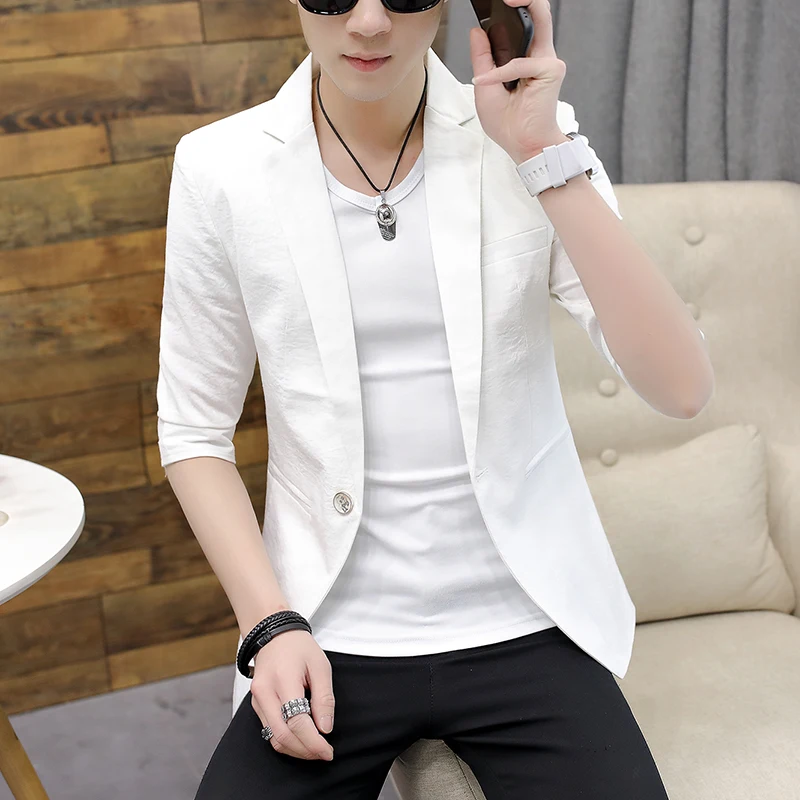 

Loldeal Men Middle-sleeved Blazer Fashion Cotton and Linen Slim Solid Color One Buckle