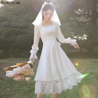 kaunissina simple wedding dresses for women square collar mid calf lace trim white bridal gowns bride marriage dress