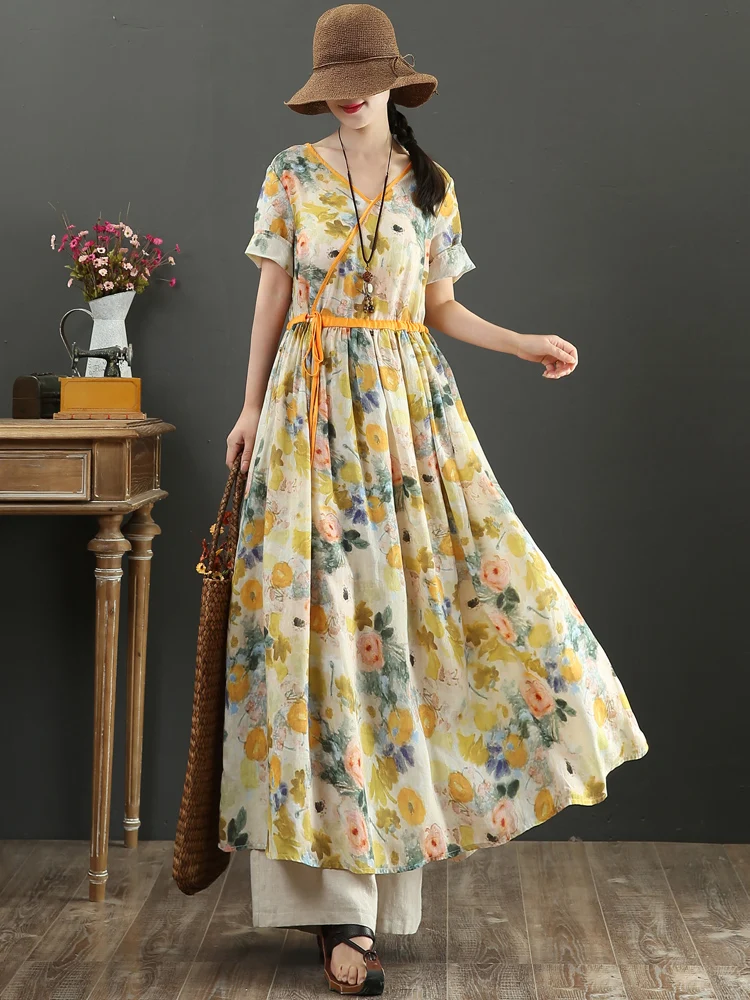 

Linen V-neck Plus Size Flower Printed Dress Women 2021 New Drawstring Retro Short Sleeve Loose Slim Bohemian Maxi Dress Summer