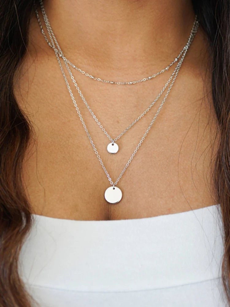 Многослойное ожерелье подвеска в виде диска цепь со спутником чокер серебристый