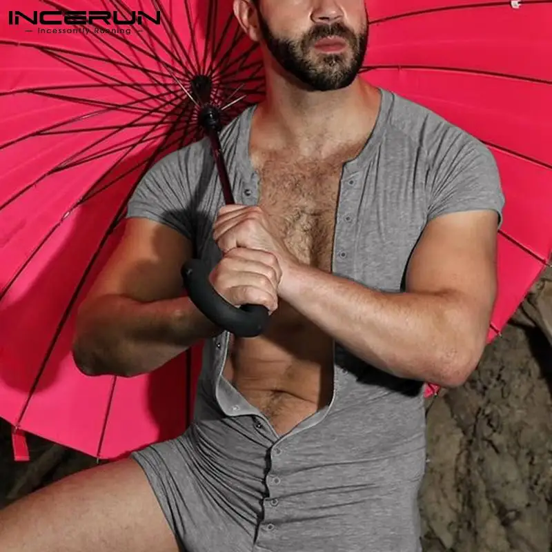 INCERUN New Men's Fashion Casual Loungewear All-match Onesies Sexy Leisure Stretch Loose Buttons Soldi Color Jumpsuit S-5XL 2023