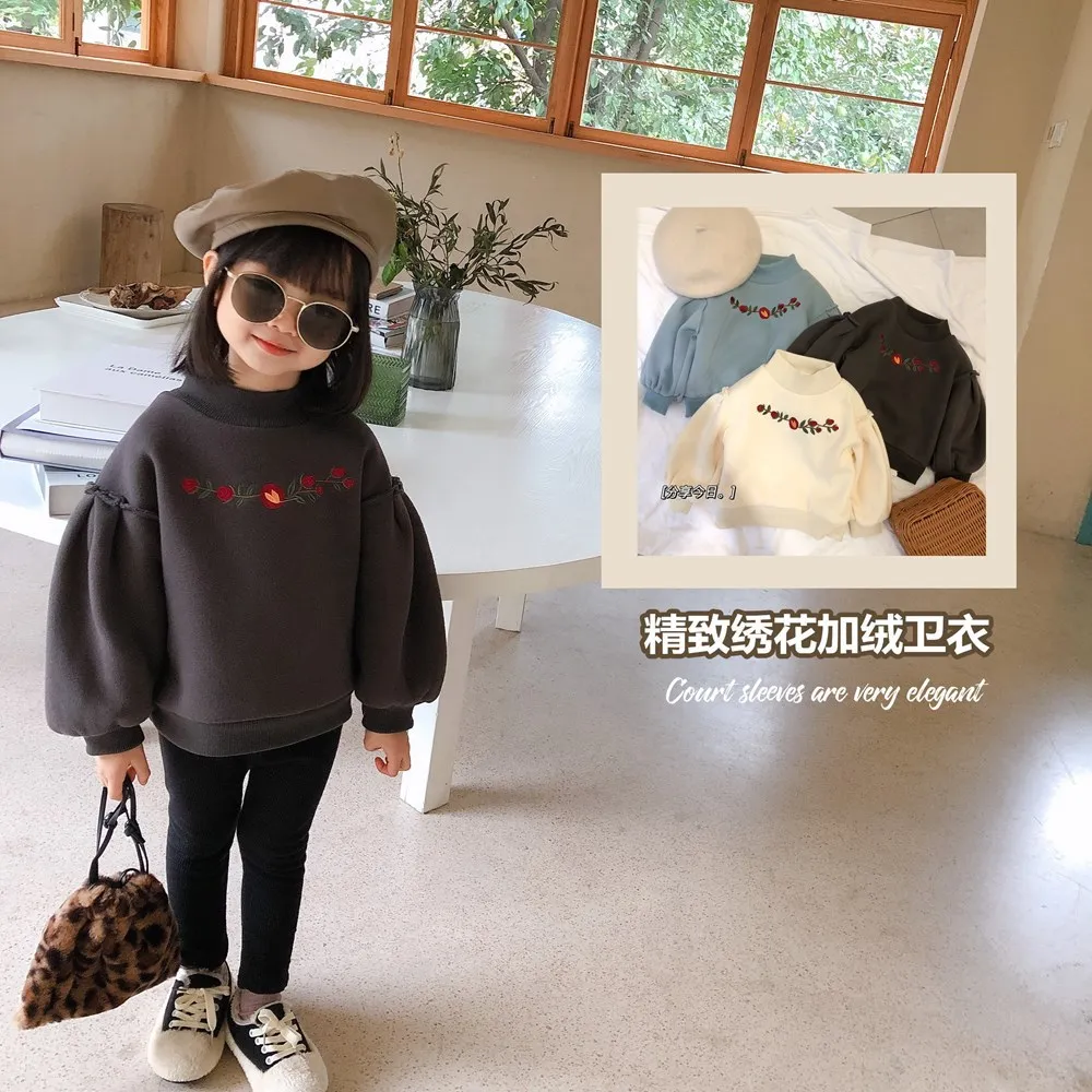 

Новое поступление, зимний хлопковый детский УТЕПЛЕННЫЙ ТОП с цветочной вышивкой в Корейском стиле, универсальная Повседневная Толстовка д...