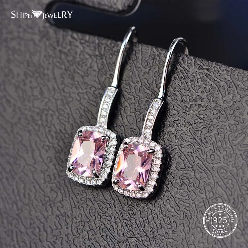 Pink Sapphire Shipei 925 пробы Серебряные Ювелирные Украшения Розовый Желтый Сапфир Изумруд Рубин квадратные Висячие серьги для женщин подарок на день рождения - Цвет камня: Pink Sapphire