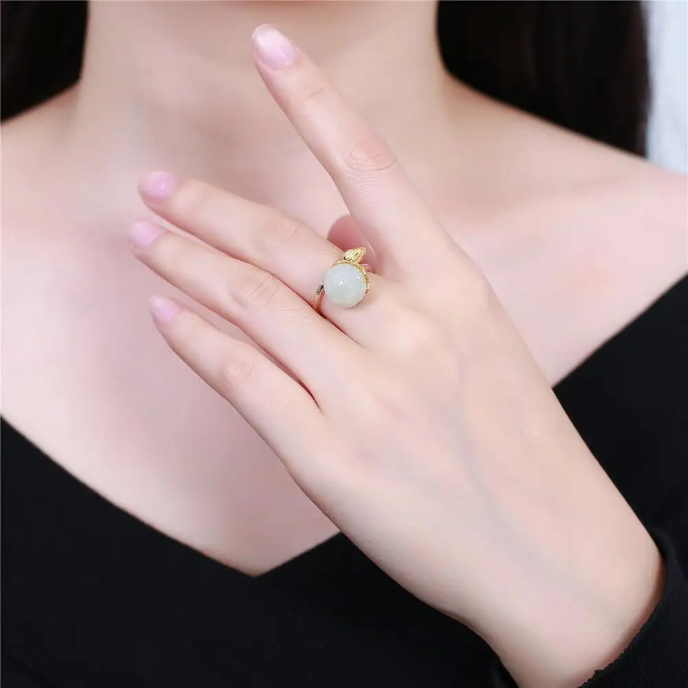 Uglyless Enamel Lotus Rings for Women Natural Jade Flower Open Real 925 Silver Fine Jewelry Gemstones Bijoux R810 | Украшения и
