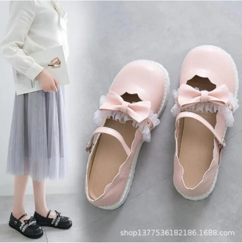 

Japanese sweet lolita shoes thick bottom harajuku doll retro shallow mouth bowknot women shoes round head kawaii shoes loli cos