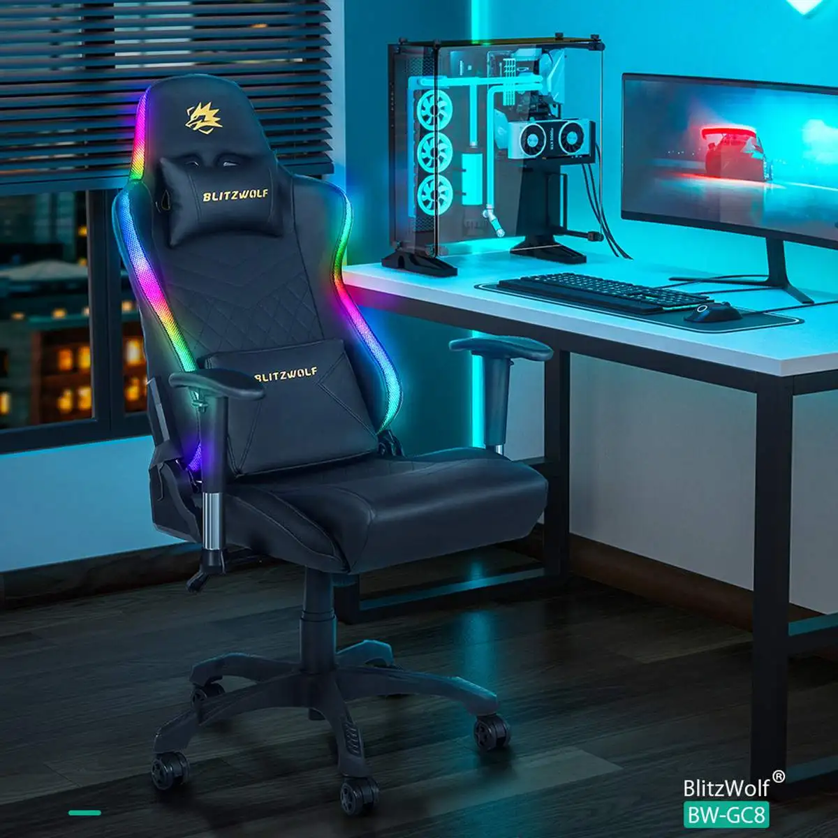 

Игровое кресло BlitzWolf RGB, Гоночное игровое кресло, офисное кресло, вращающееся кресло руководителя, компьютерное кресло со светодиодной подс...
