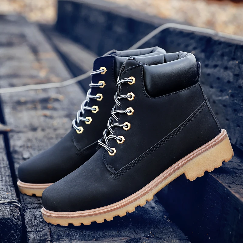 Мужские кожаные ботинки на платформе черные водонепроницаемые ботильоны ручной