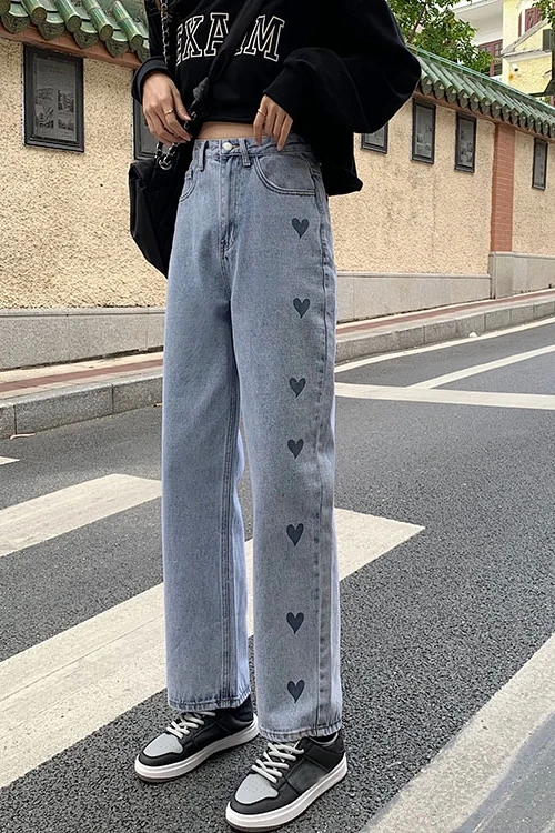 

S-XL 2020 women high wiast Straight jeans streetwear fashion love heart print denim pants womens loose vintage pants (78577