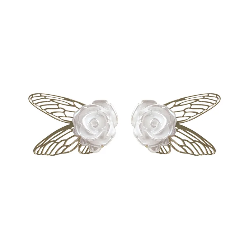 

LOVOACC Elegant White Resin Rose Stud Earrings for Women Gold Color Metal Hollow Simulation Wing Statement Earrings Oorbellen