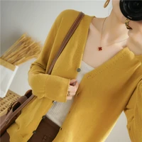 2022 springsummer new cotton thread chic small cardigan womens jacket solid color loose casual sweater basic knitted base