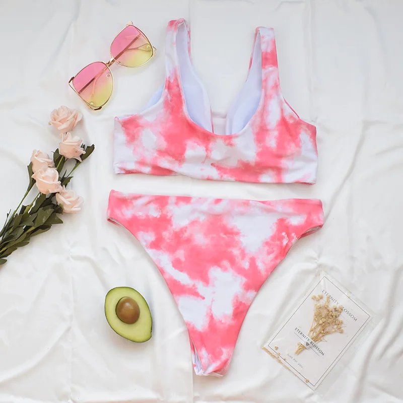 

Two Piece Sexy Bikini Swimwear Women 2021 New Print Pink High Waist Swimsuit Bikini Set Bathing Suit Brazilian Beachwear Biquini
