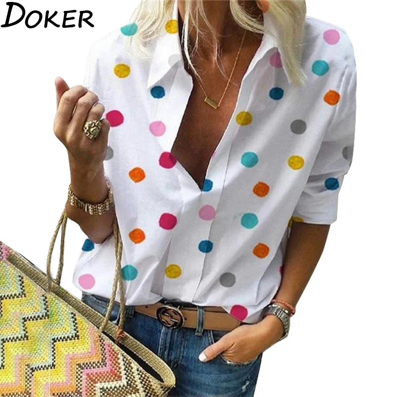 2020 New  Polka Dot  Blouse Women  Turn Down Collar Long Sleeve  Shirts  Plus Size  Clothes  Streetwear White Blouse  Women Xxl