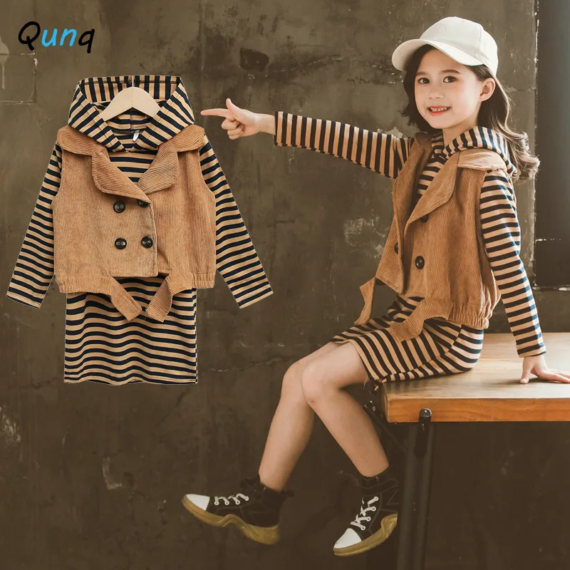 

Qunq Girls Spring Set Hooded Striped Dress + Corduroy Vest Two Piece Kids Clothes for Girls Fashion Teens Children Clothing Suit