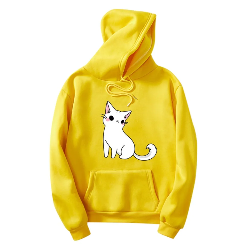Yellow Толстовки унисекс, черный, белый, пара, кот, худи, джемпер, для мужчин и женщин, на каждый день, с длинным рукавом, с круглым вырезом, с рисунком кота, толстовка, пуловер# G8 - Цвет: Yellow