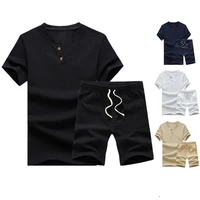 solid color casual outfit two buttons two piece short sleeve t shirt drawstring shorts set streetwear