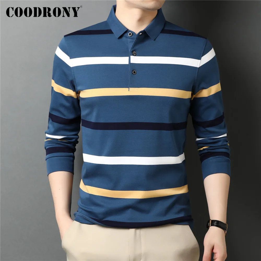

COODRONY Brand Spring Autumn New Arrival 100% Cotton Business Casual Contrast Color Striped Long Sleeve Polo-Shirt Men Top C5072