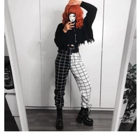 new styles black white plaid patchwork womens jogger pants cargo pants hight waist straight long trousers sprots pant casual