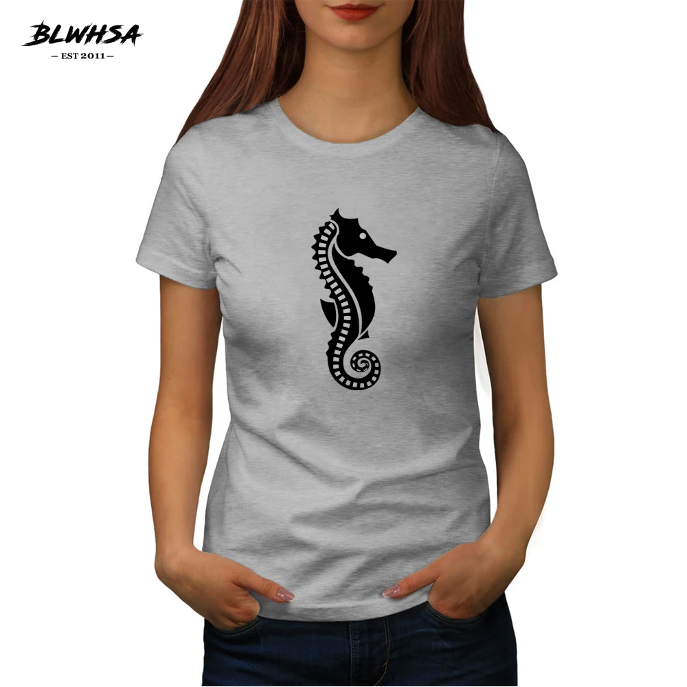

BLWHSA Seahorse Printed T Shirt Women Fashion Summer Cotton Short Sleeve Funny T-Shirt Seahorse Animal Print Women Tops Tees