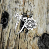 punk handmade flowers dragonfly ring charm women silver plated dragonfly opening ring elegant women wedding engagement jewelry