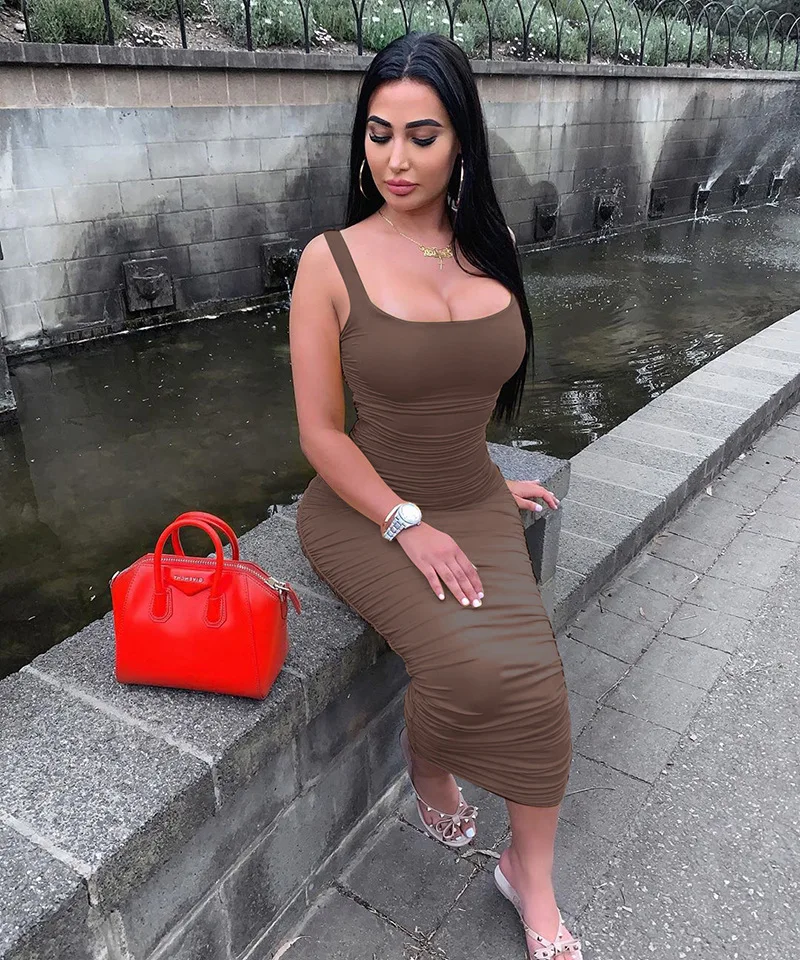 

Ruched Solid Sexy Bodycon Party Dresses Women Fashion Sleeveless Skinny Clubwear Basic Hot Midi Dress 2021 Summer Slim
