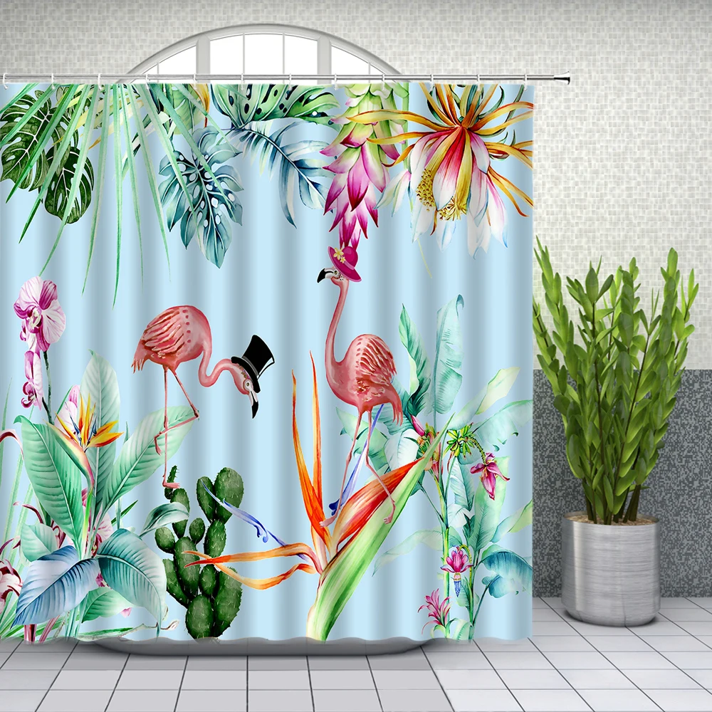 

Watercolor Flamingo Shower Curtains Flower Plant Leaf Cactus Scenery Bathroom Decor Home Bath Waterproof Cloth Curtain Set