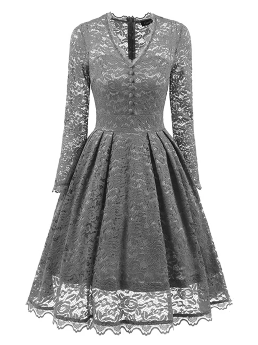 

Sale 2021 Autumn Women's Dress Retro Long-sleeved Lace Big Swing Dresses Solid Color V-neck Long-sleeved Midi Dress Female