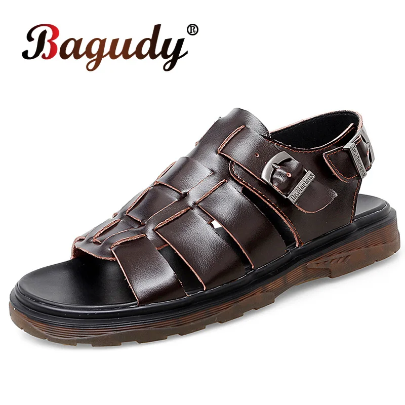 

Bagudy Fashion Summer Sandals Men Anti Slip Flats Casual Shoes Breathable Male Shoes Outdoor Comfortable Men Beach Leather Shoes