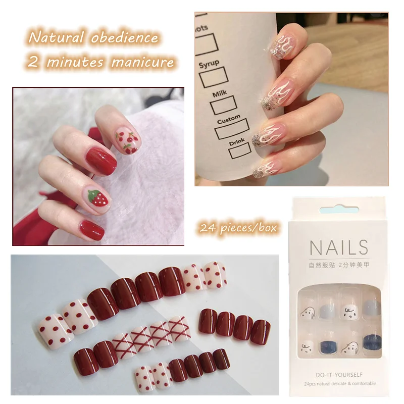 

24pcs/Box Nail Art Mellow Cute DIY Flower Strawberry Fake Nails Wearable Long Coffin Fake Nails Full Cover Nail Tips with Glue