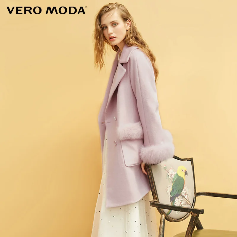 Vero Moda Новинка 100% шерстяное Пальто меховое украшение длинная куртка |
