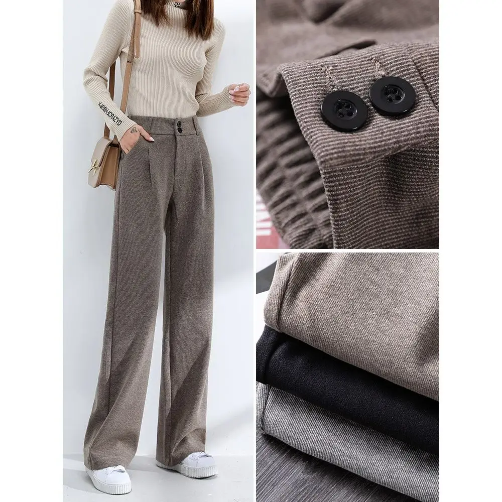 

2021 Autumn Winter Women Loose Woolen Straight Pant Ladies Button High Waist Wide Leg Pant Female Solid Thick Warm Trousers K555