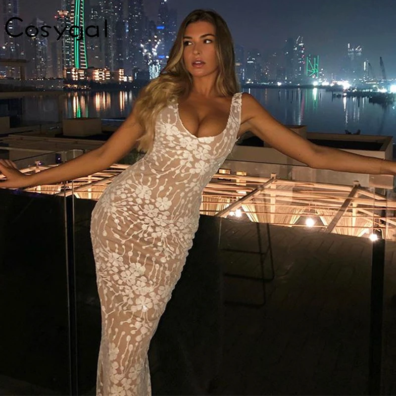 COSYGAL цветочное кружевное сексуальное платье Для женщин Bodycon Ночной клуб вечерние платье летняя модная женская белое платье длиной макси Vestidos
